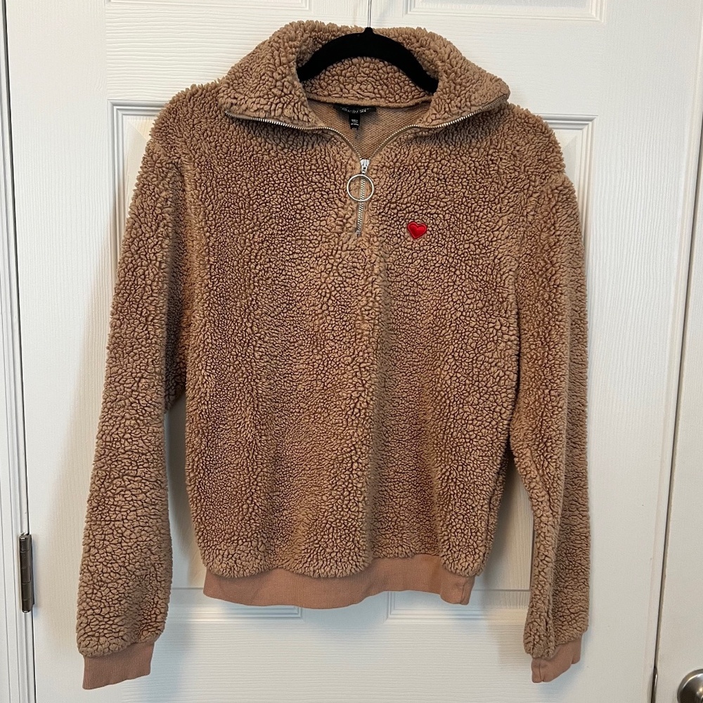 Women's Topshop Brown Teddy Embroidered Heart Jacket Size 4